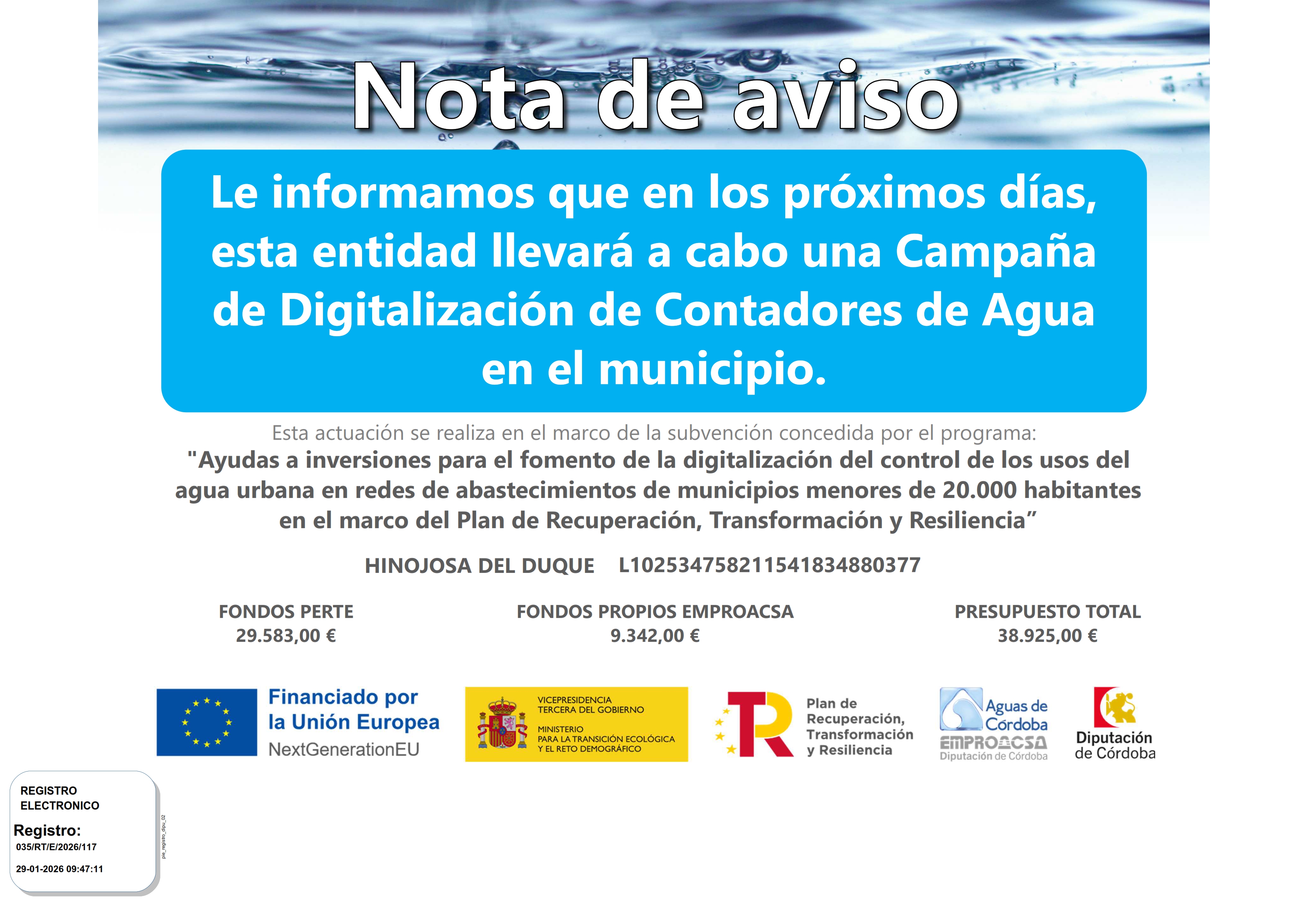 La Diputación de Córdoba digitaliza redes hidráulicas para detectar fugas y reducir pérdidas